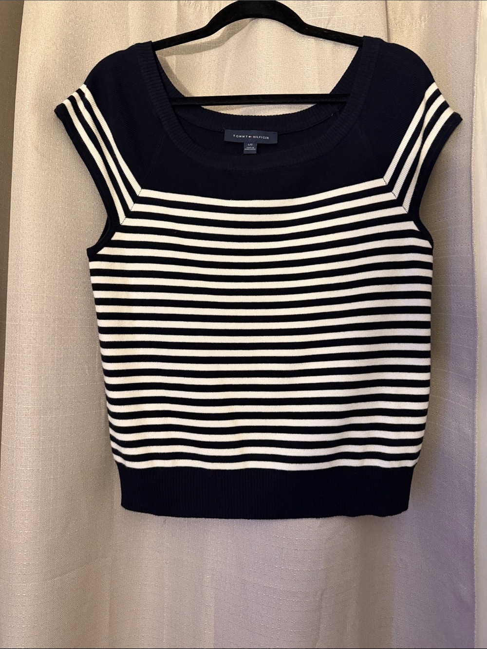 Tommy Hilfiger Navy and White Striped Cap-Sleeve Tank